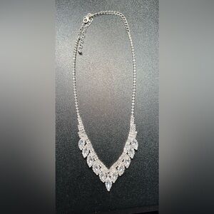 Rhinestone Studded Formal V Drop Silver Tone Choker Prom Wedding Fancy Necklace